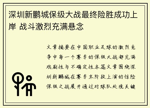 深圳新鹏城保级大战最终险胜成功上岸 战斗激烈充满悬念 深圳新鹏城保级大战最终险胜成功上岸 战斗激烈充满悬念